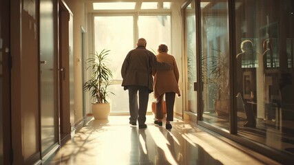 Elderly Couple Walking Arm in Arm Down a Sunlit Hospital Corridor - Powered by Adobe