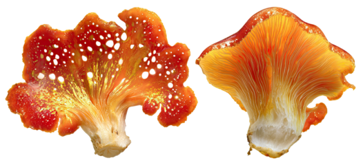 Two bright orange mushrooms with white spots against black background