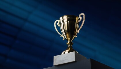 Shining golden trophy on a marble base, representing ultimate victory and achievement, concept for sports, business, and corporate recognition.