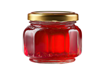 Small glass jar with golden lid filled with glistening red preserve