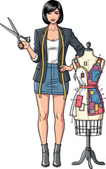 Fashion designer illustration with mannequin, fabric patches, scissors and measuring tape showcasing creative sewing, tailoring and garment-making studio concept