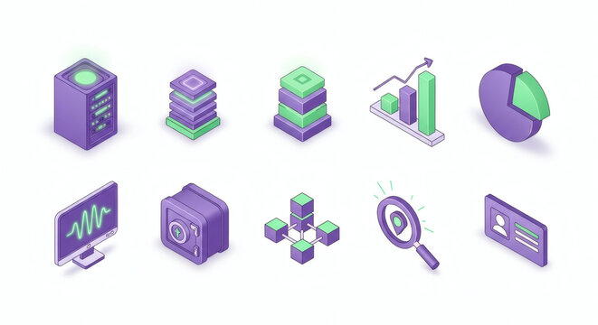 Vibrant Isometric Icon Collection for Modern Digital Data Management, Cloud Computing, Server Infrastructure, and Business Analytics Solutions