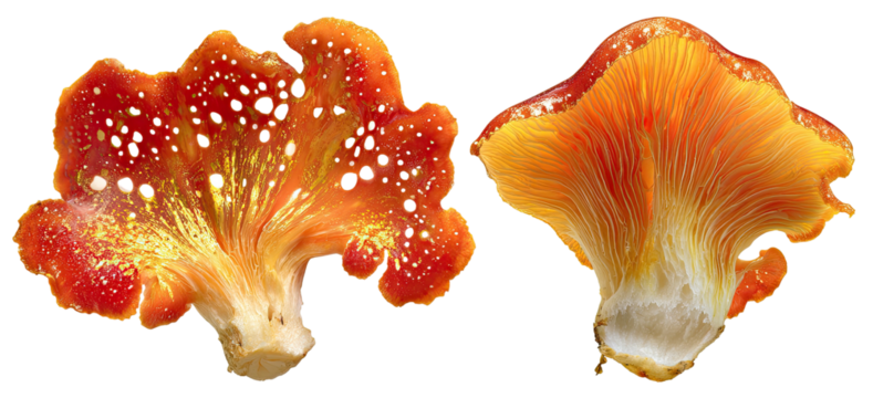 Two bright orange mushrooms with white spots against black background