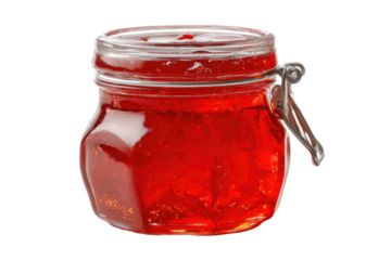 Glass jar filled with shimmering red fruit preserve, preserved with metal clasp
