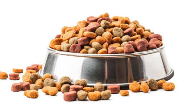 A bowl full and overflowing with dry pet food 
