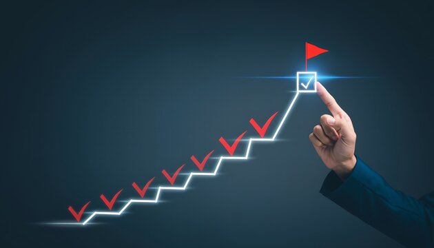 Hand pointing to a glowing checkmark on a rising line graph, symbolizing goal achievement and successful task completion, concept for business strategy, personal development, and project management.