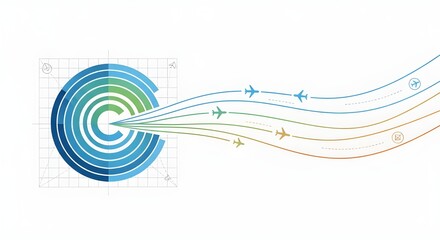 Dynamic aviation routes flowing from target, showcasing global travel and logistics in a vibrant modern style, ideal for business growth and innovation concepts