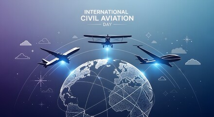 Celebrating International Civil Aviation Day with a dynamic globe and soaring planes, perfect for travel promotions and global connection concepts today