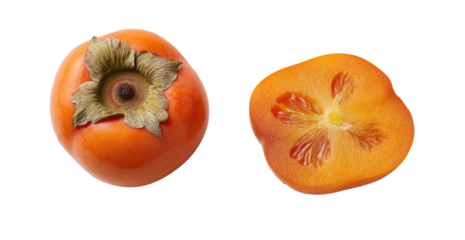 Bright orange persimmon whole and halved on black