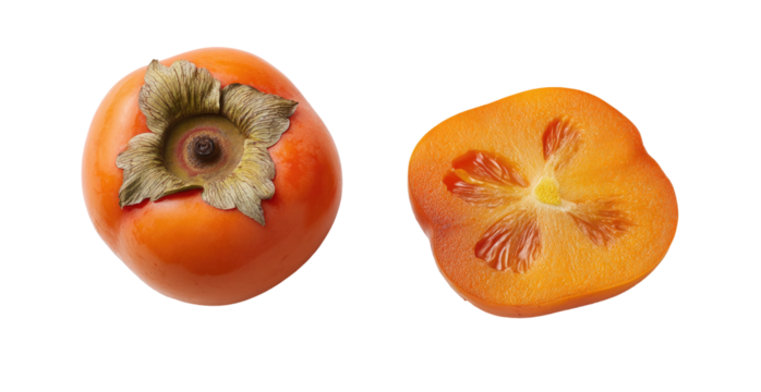 Bright orange persimmon whole and halved on black