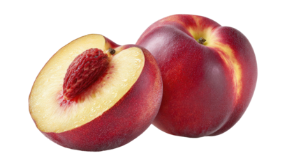 Vibrant red nectarine, one whole, one halved revealing pit and flesh