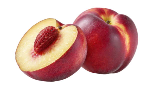 Vibrant red nectarine, one whole, one halved revealing pit and flesh