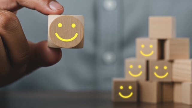 A hand holds a wooden cube with a smiley face, surrounded by a stack of blocks with similar faces
