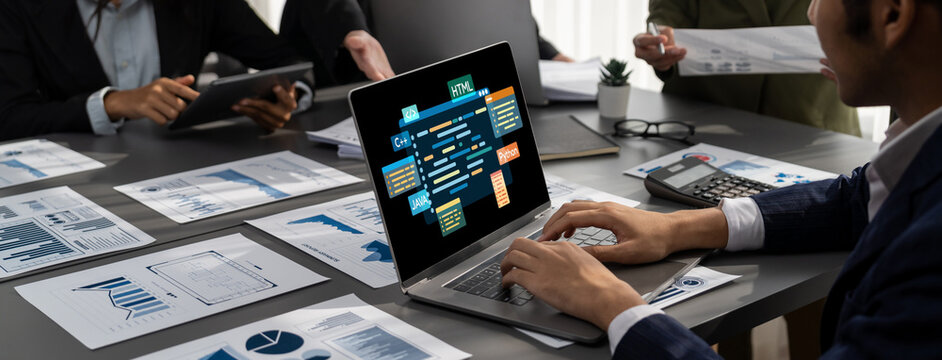 Software development or programming work with coding screen of various programming languages like HTML, , , and C brisk for new application development - Powered by Adobe