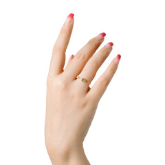 A delicate feminine hand showcasing a gold ring with green gemstone, isolated on white background in clean PNG style for product or jewelry design.