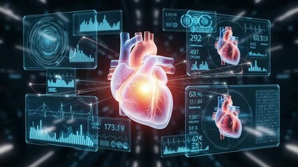 Futuristic holographic medical interface displays glowing human heart with vital signs and data - Powered by Adobe