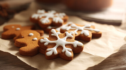 Festive gingerbread cookies decorated with white icing in snowflake and classic shapes, arranged on parchment paper. Perfect for Christmas baking themes, holiday treats, and cozy winter visuals