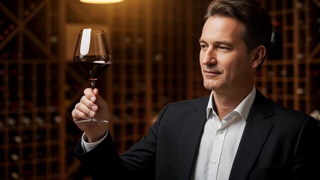 A distinguished gentleman inspects a glass of red liquid in a cellar setting, the warm lighting enhancing the rich hues