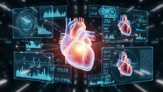 Futuristic holographic medical interface displays glowing human heart with vital signs and data - Powered by Adobe