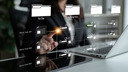 Task workflow system showing document progress through stages. Task tracking improves productivity,...