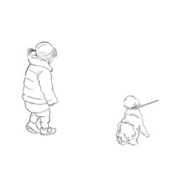 Monochrome line art illustration of a young girl walking toward a small dog on a leash, capturing a gentle and curious moment during an outdoor walk 