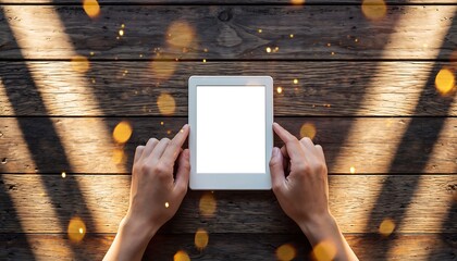 User's hands holding a white e-reader with a blank screen on a rustic wooden table, symbolizing digital content and modern learning, concept for education, lifestyle, and technology.