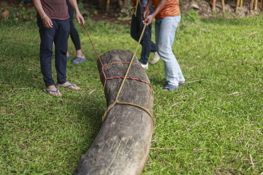 Determined group showing teamwork and effort, pulling heavy wooden log with rope across green lawn. An outdoor activity demonstrating collaboration and strength