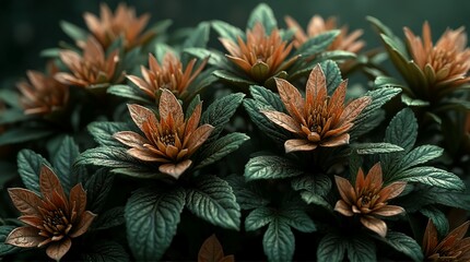 Obraz premium Close-up of vibrant reddish-orange flowers with dew-kissed green leaves