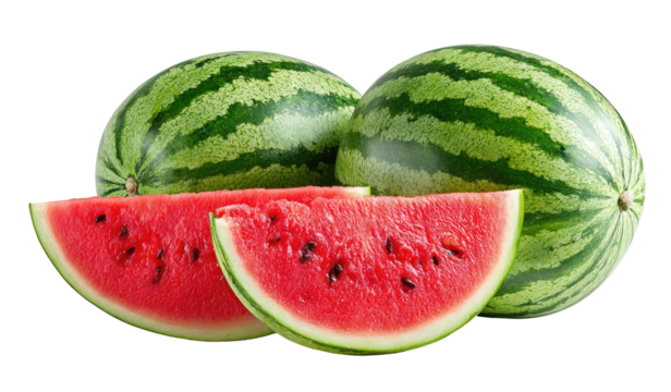 Fresh watermelons with bright red slices, seeds visible