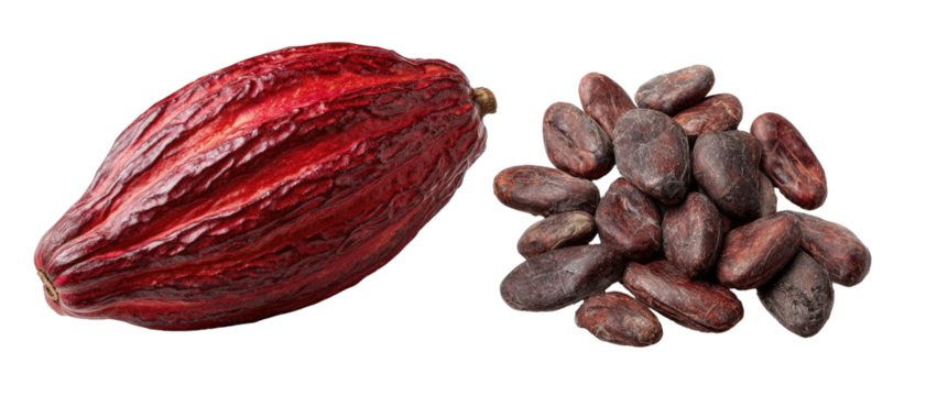 A whole cacao pod next to a pile of roasted cacao beans