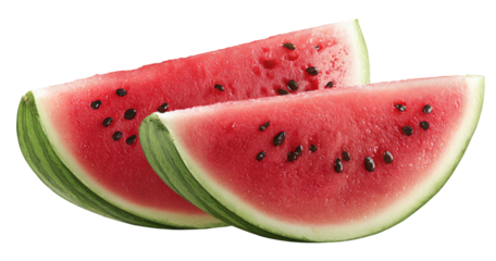 Two refreshing watermelon slices, cut and showing seeds