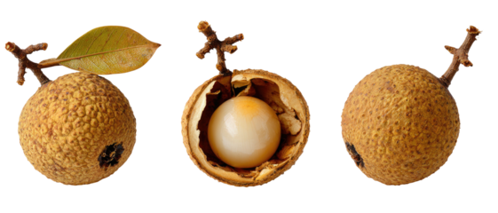 Three fruit compositions whole, open showing flesh, and whole