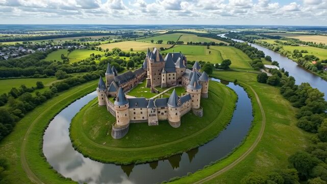 An aerial view of a medieval structure surrounded by a moat, set on green land with a river flowing through the fields