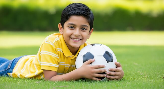 Happy Indian Boy with Soccer Ball on Green Grass