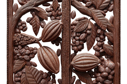 Intricately carved wooden panels depict cocoa pods and beans