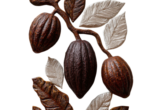 Textured cocoa pods and leaves on a dark, branching stem