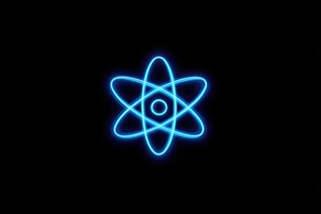 A glowing, blue neon atomic model on a stark black background