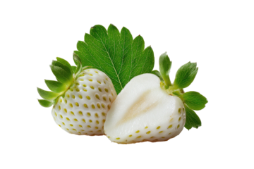 A whole and halved white strawberry with a green leaf