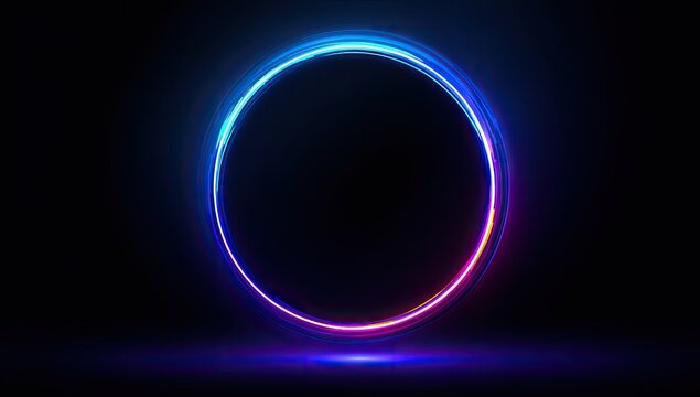 A glowing, vibrant circle composed of blue, pink, and purple light against a black backdrop