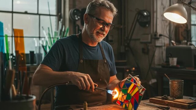 A smiling artisan, clad in apron and glasses, uses a torch to fuse colorful stained glass. Workshop setting