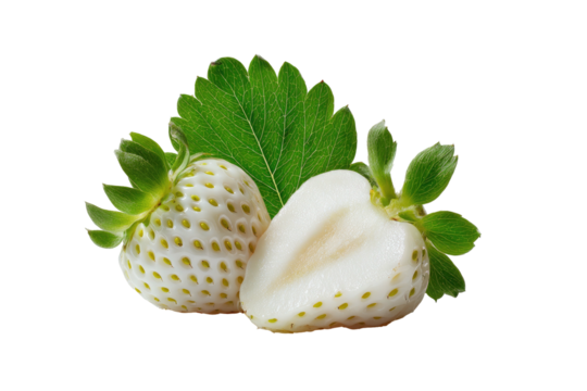 A whole and halved white strawberry with a green leaf