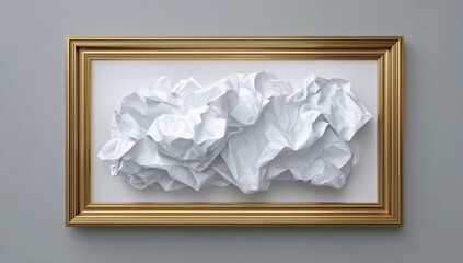 A gold-framed artwork featuring a sculpted cloud-like mass of crumpled white paper