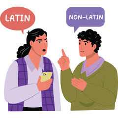 Two People Discussing Language Differences with Speech Bubbles Above Their Heads Showing Latin and Non-Latin Text