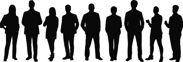 Professional business people standing in silhouettes, corporate team group illustration showing diverse office workers, leadership and teamwork concept artwork