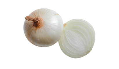 A whole white onion with a halved onion next to it