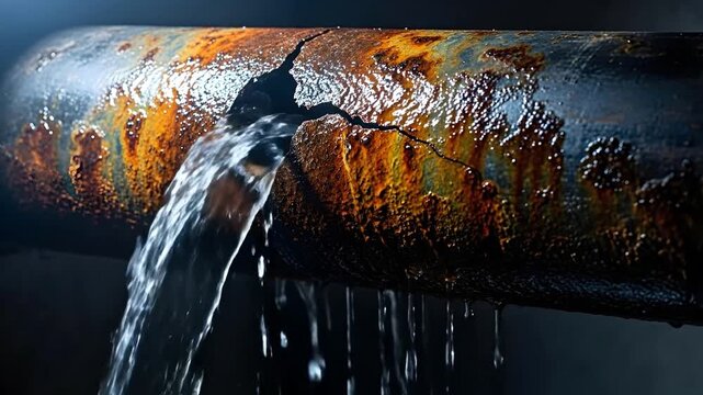 Corroded pipe with water leakage and rust details
