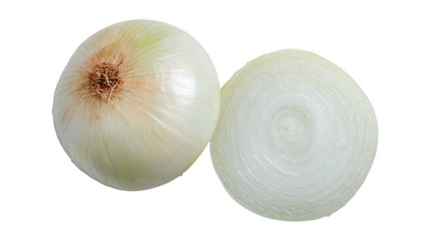 Whole and halved white onion on a black background