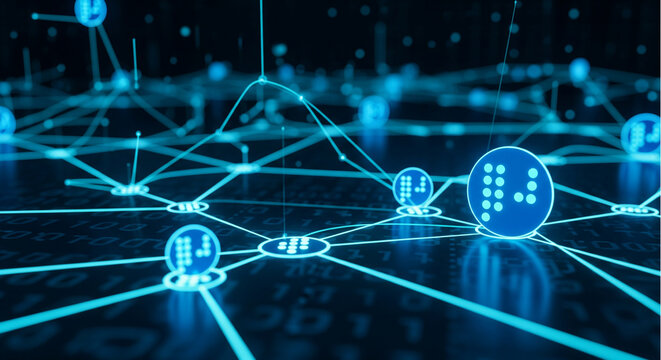 Futuristic blue network background with glowing Braille code nodes. Abstract digital technology concept for accessibility, inclusion, and blind communication.