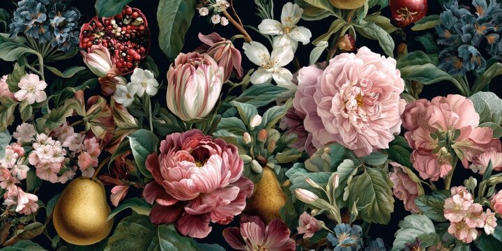A detailed, vibrant floral arrangement with lush blooms and fruits against a dark backdrop - Powered by Adobe