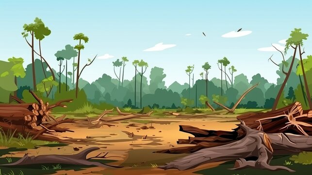 A wide-angle pixel art depiction of a deforested area with scattered logs and stumps, contrasted with a lush green forest in the background under a bright sky